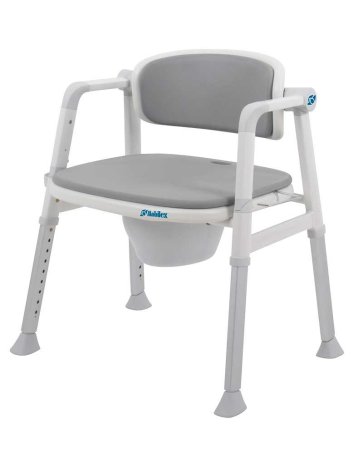 Toalettstol med toalettspann – vit med grå PU-sits och rygg