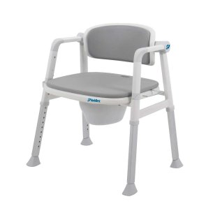 Toalettstol med toalettspann – vit med grå PU-sits och rygg